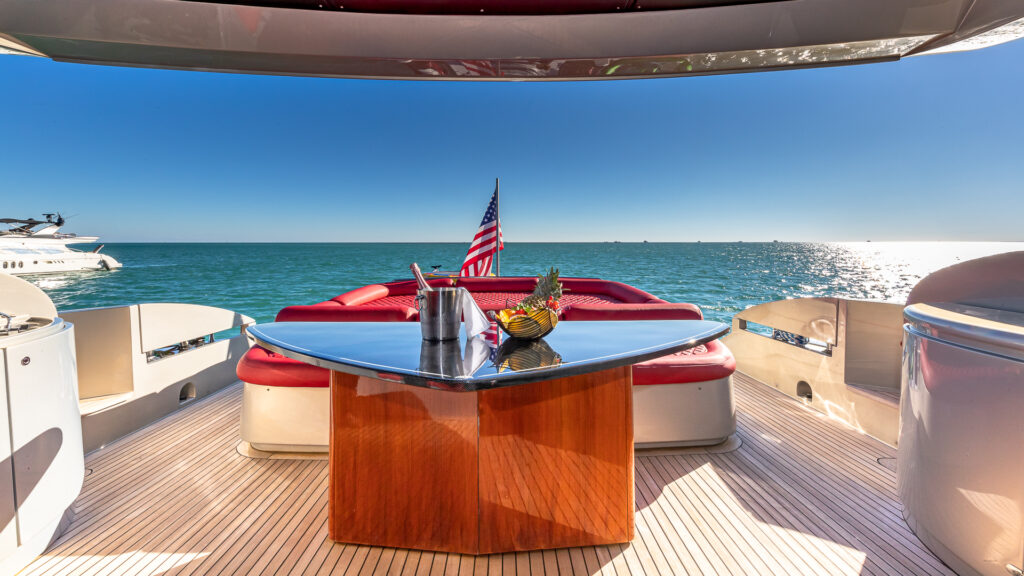 Spacious sun deck on 90 foot Pershing 2025 refit yacht Miami