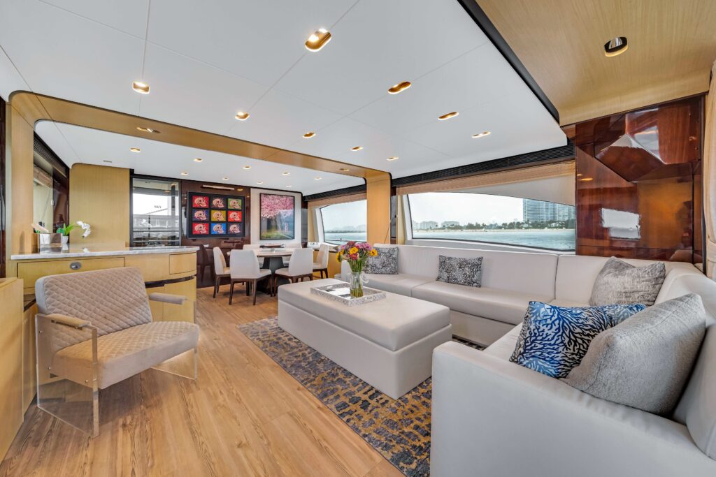 Modern light-filled salon interior aboard 84 Azimut Sky yacht