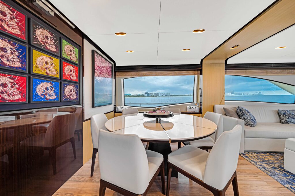 Modern light-filled salon interior aboard 84 Azimut Sky yacht