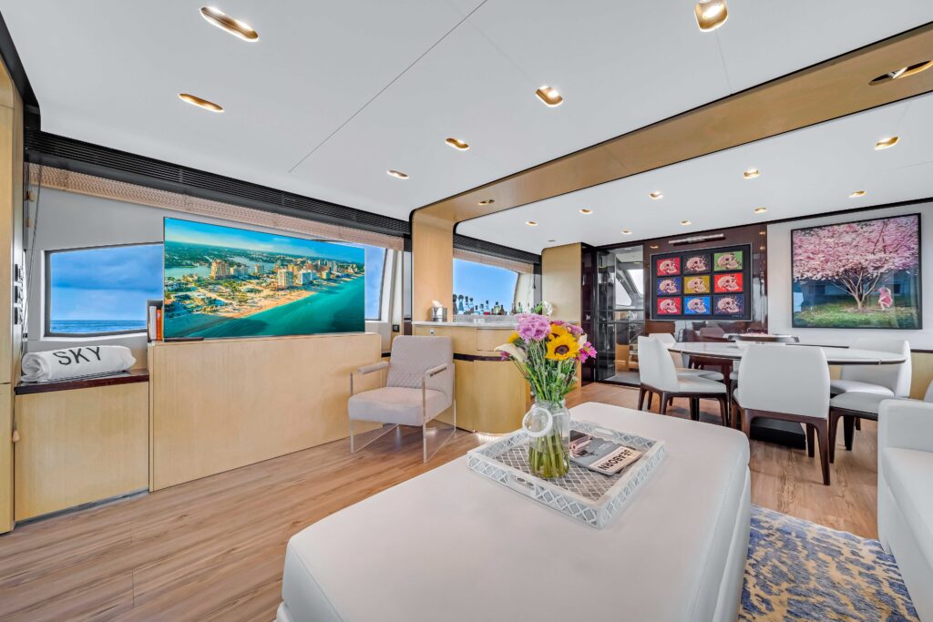 Modern light-filled salon interior aboard 84 Azimut Sky yacht