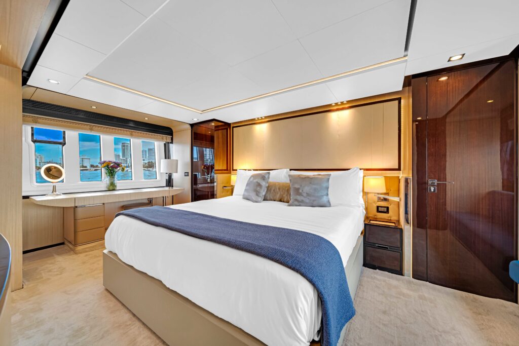 Elegant stateroom interior 84 Azimut Sky Coconut Grove yacht