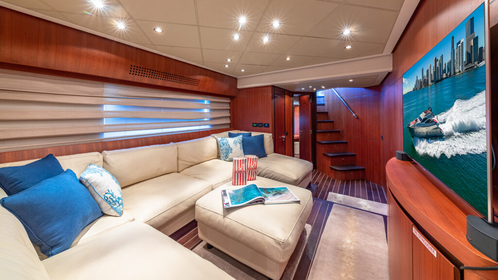 Modern 2025 refit salon interior aboard 90 Pershing luxury yacht