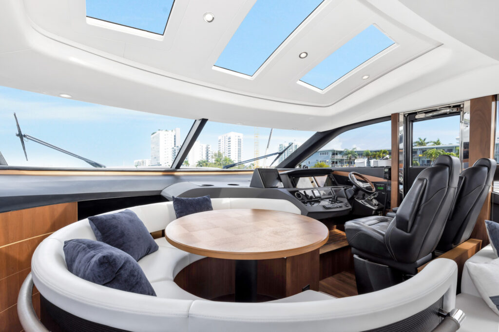 Elegant plush salon interior aboard 74 Princess yacht Miami