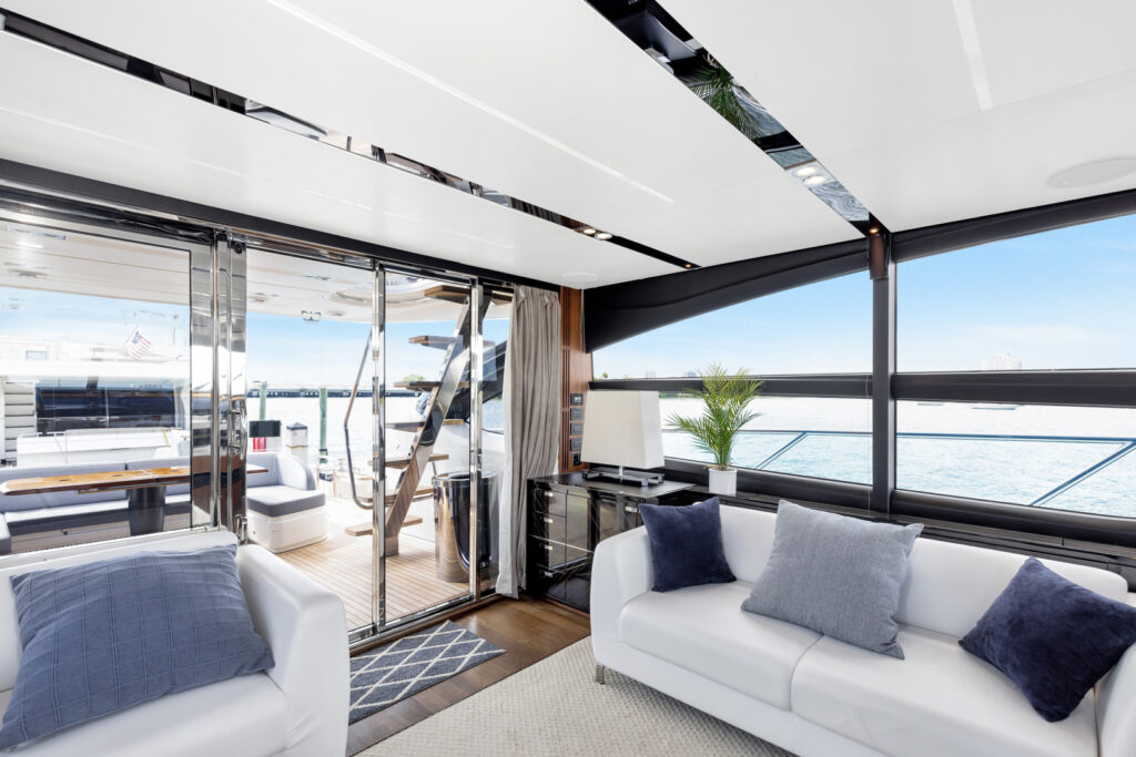 Elegant plush salon interior aboard 74 Princess yacht Miami