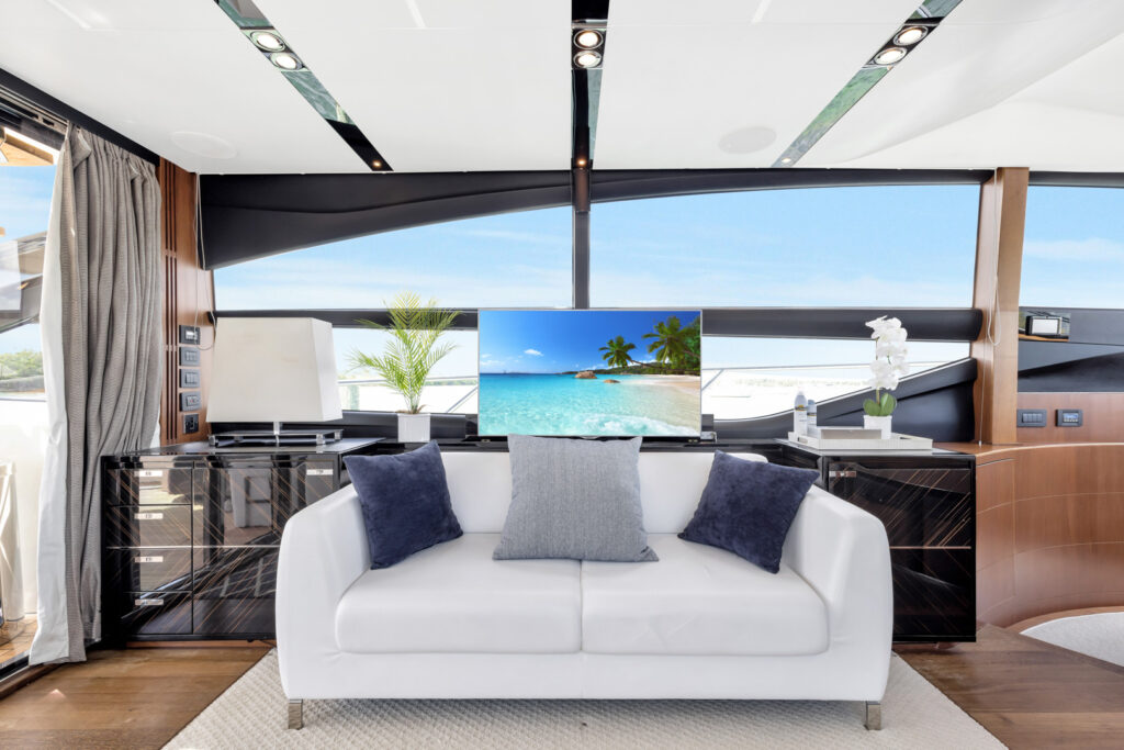 Elegant plush salon interior aboard 74 Princess yacht Miami