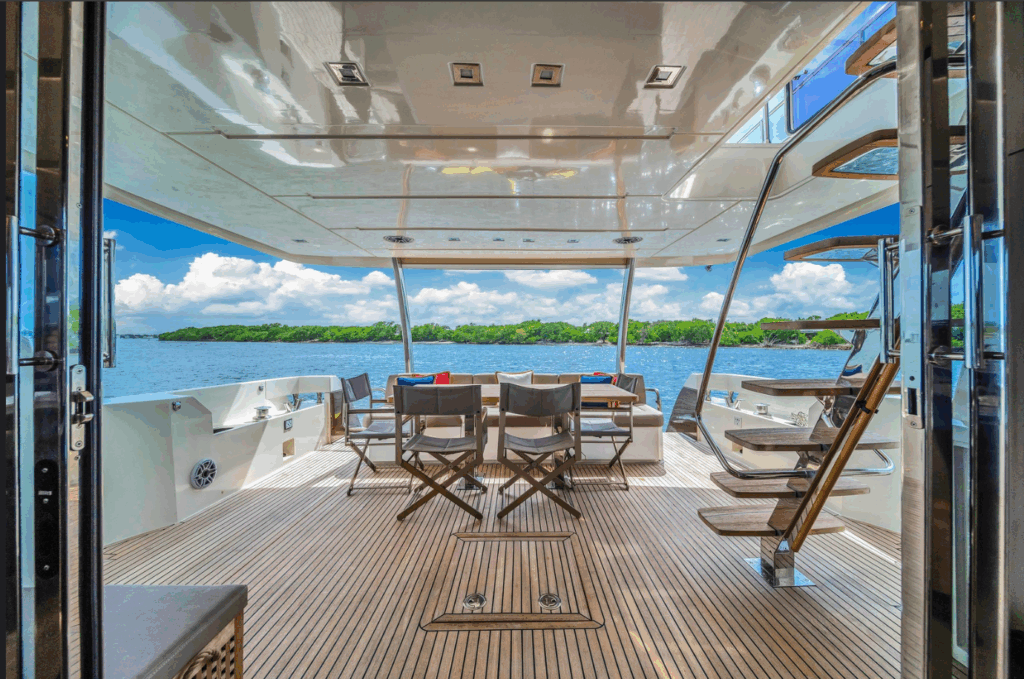Spacious rear deck lounge area on 75 Prestige Oceana yacht
