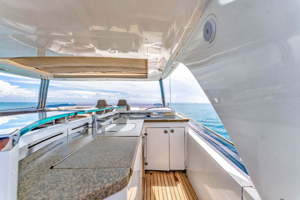 Spacious deck lounge area on 88 Princess Overtime yacht Miami
