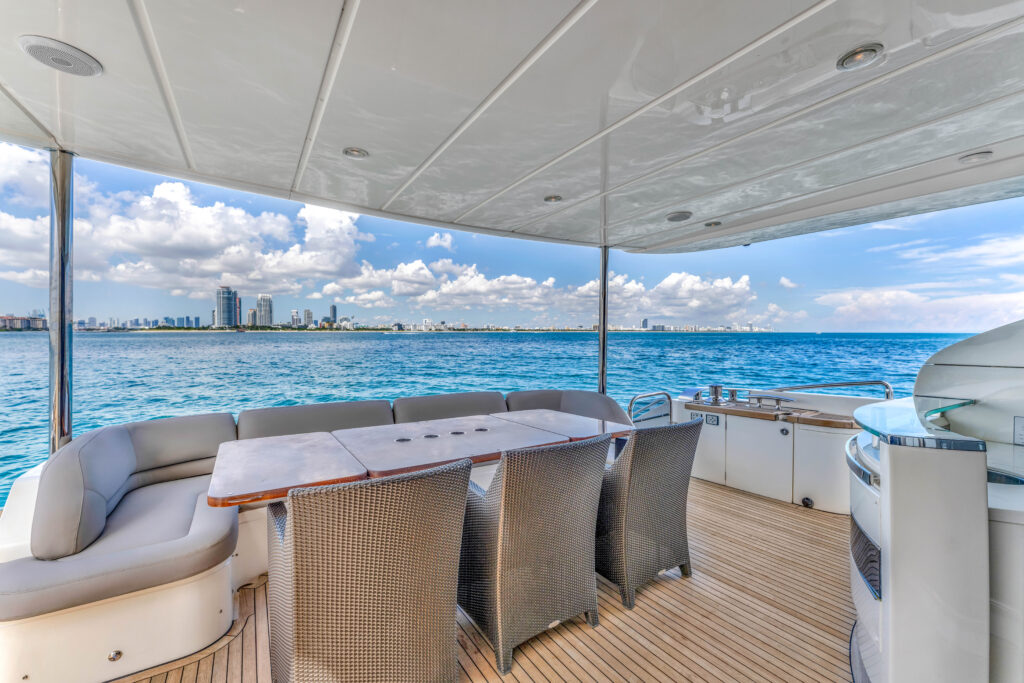 Spacious deck lounge area on 88 Princess Overtime yacht Miami