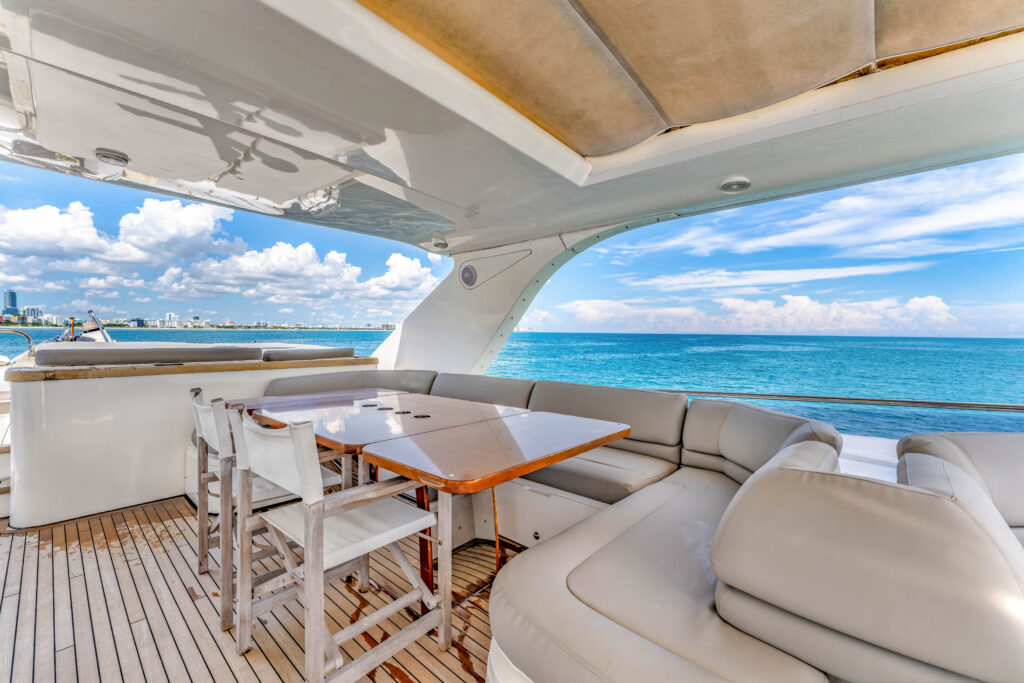 Spacious deck lounge area on 88 Princess Overtime yacht Miami