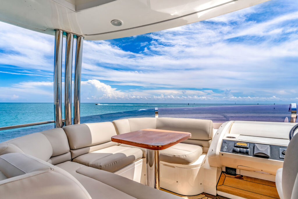 Spacious deck lounge area on 88 Princess Overtime yacht Miami