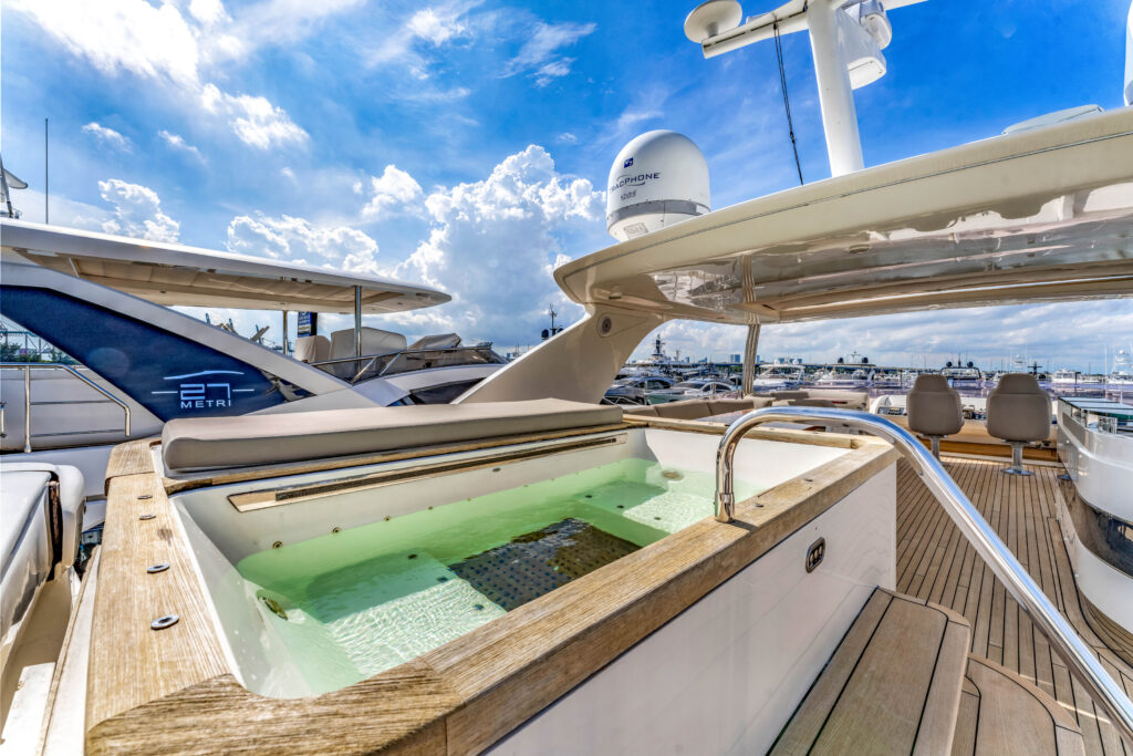 Private jacuzzi with Miami skyline view on 88 Princess Overtime yacht