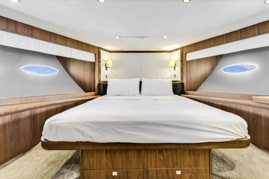 Elegant stateroom interior 88 Princess Overtime yacht Miami charter