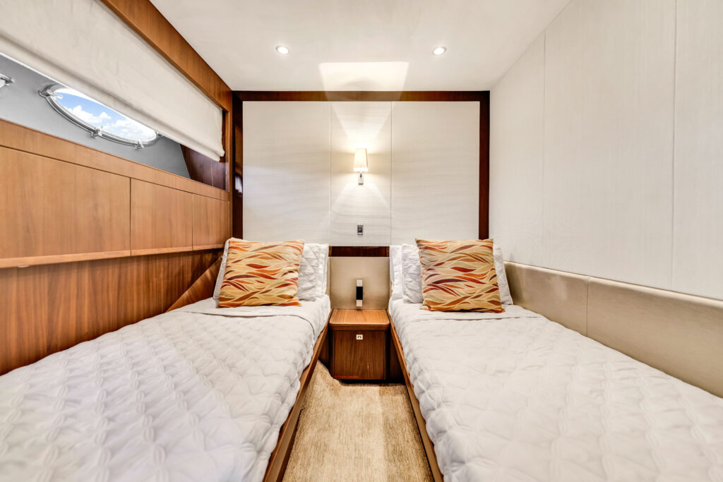 Elegant stateroom interior 88 Princess Overtime yacht Miami charter