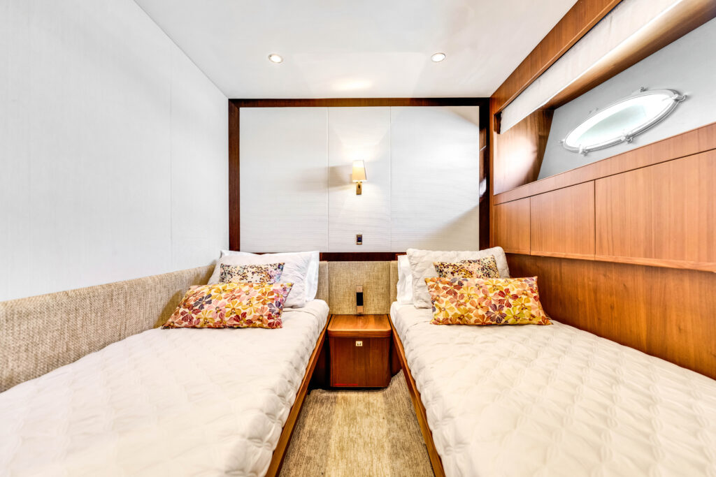 Elegant stateroom interior 88 Princess Overtime yacht Miami charter
