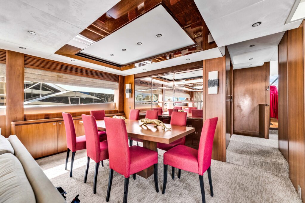 Modern stylish salon interior aboard 88 Princess Overtime luxury yacht