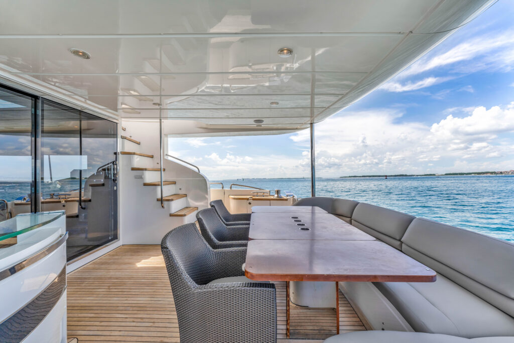 Spacious deck lounge area on 88 Princess Overtime yacht Miami