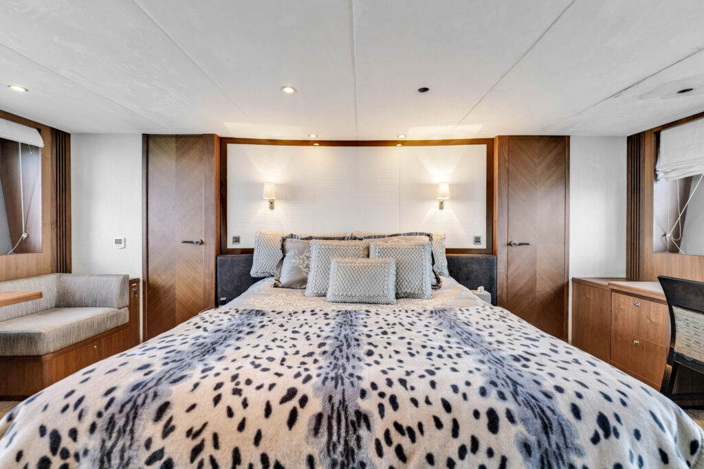 Elegant stateroom interior 88 Princess Overtime yacht Miami charter