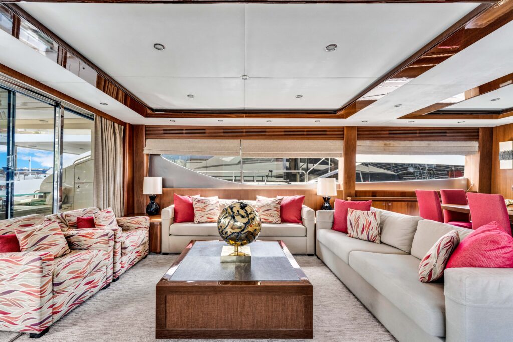 Modern stylish salon interior aboard 88 Princess Overtime luxury yacht