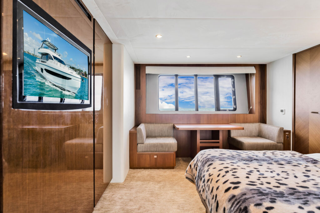 Elegant stateroom interior 88 Princess Overtime yacht Miami charter