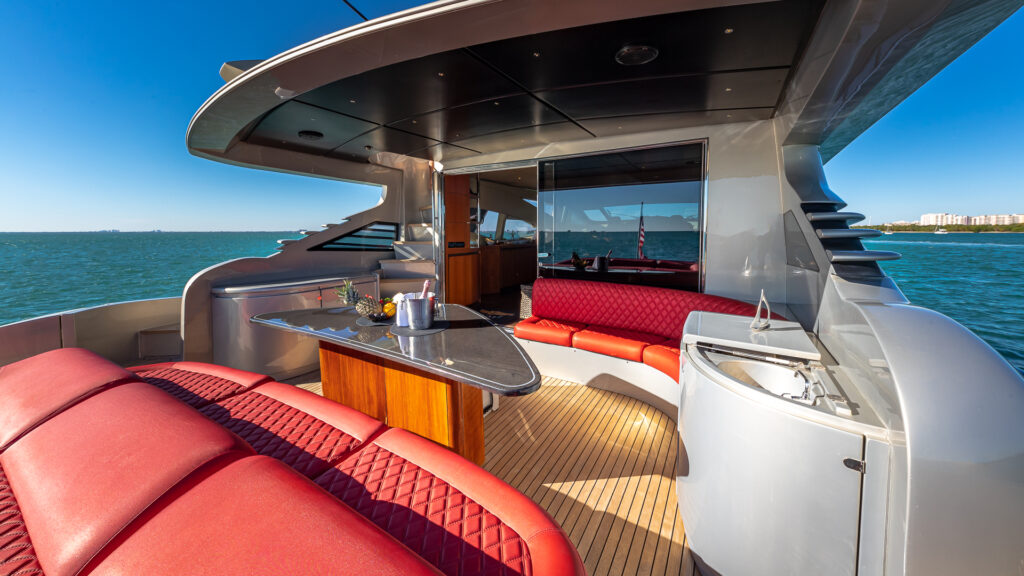 Spacious sun deck on 90 foot Pershing 2025 refit yacht Miami