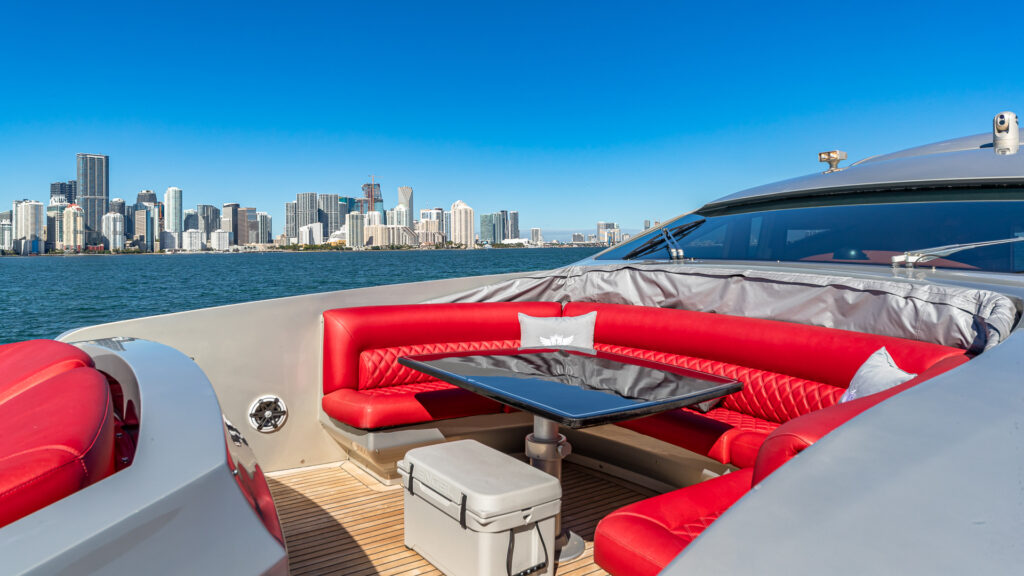 Spacious sun deck on 90 foot Pershing 2025 refit yacht Miami