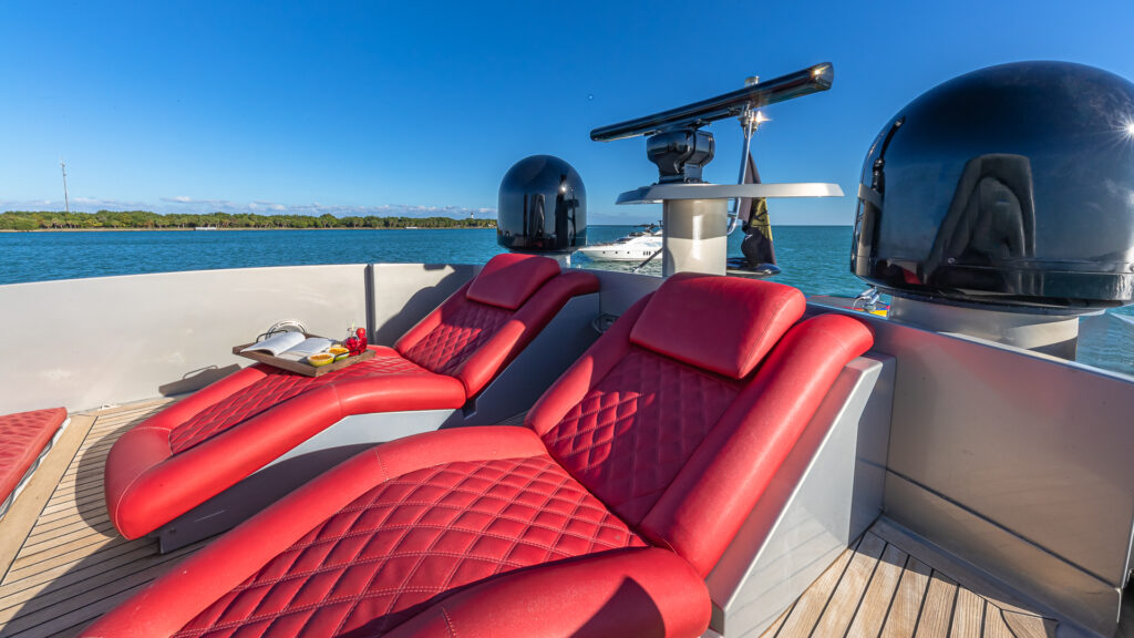 Spacious sun deck on 90 foot Pershing 2025 refit yacht Miami