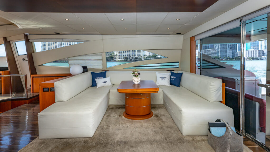 Modern 2025 refit salon interior aboard 90 Pershing luxury yacht