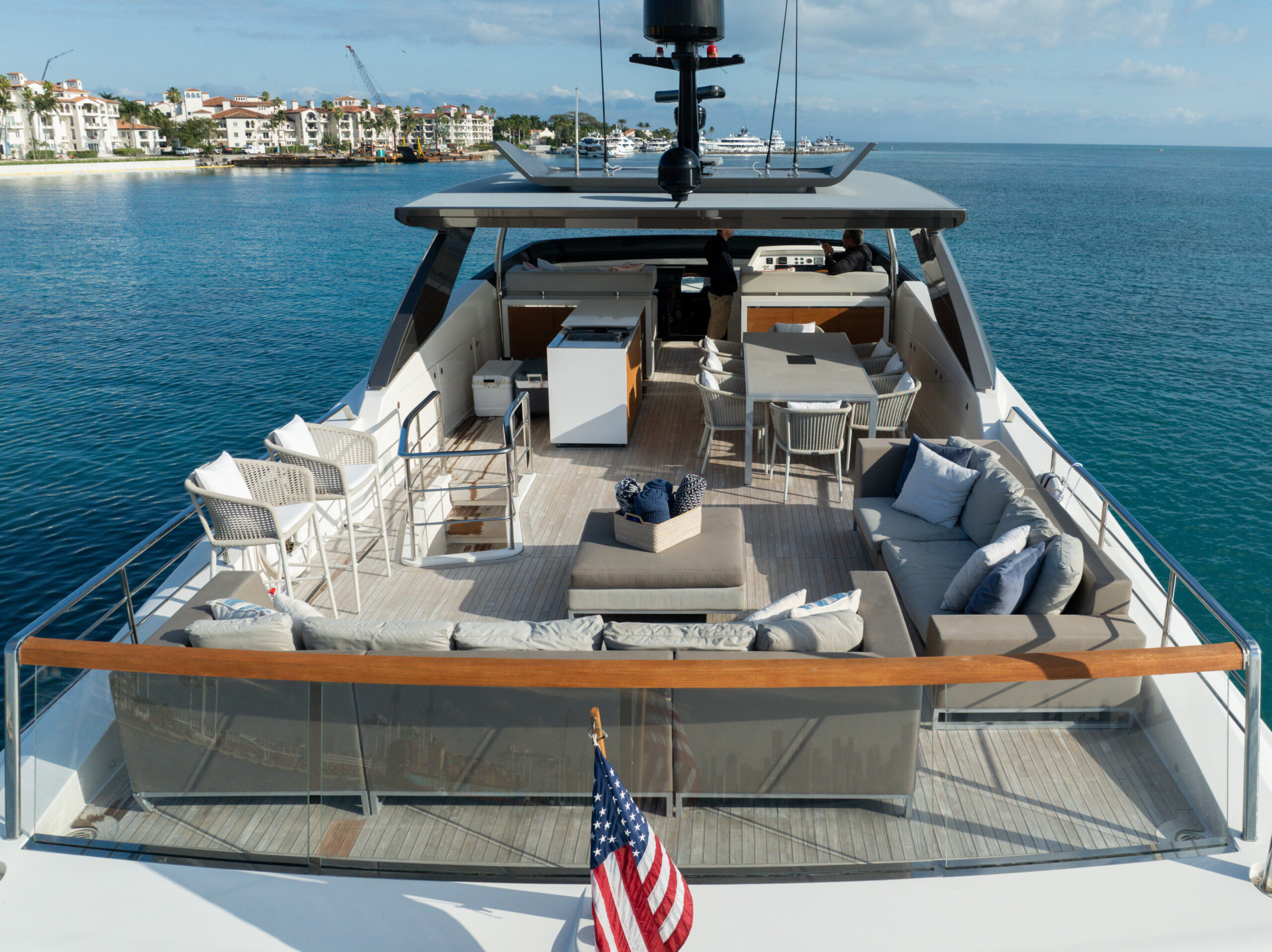 Spacious sun deck on 97 foot San Lorenzo yacht Miami charter