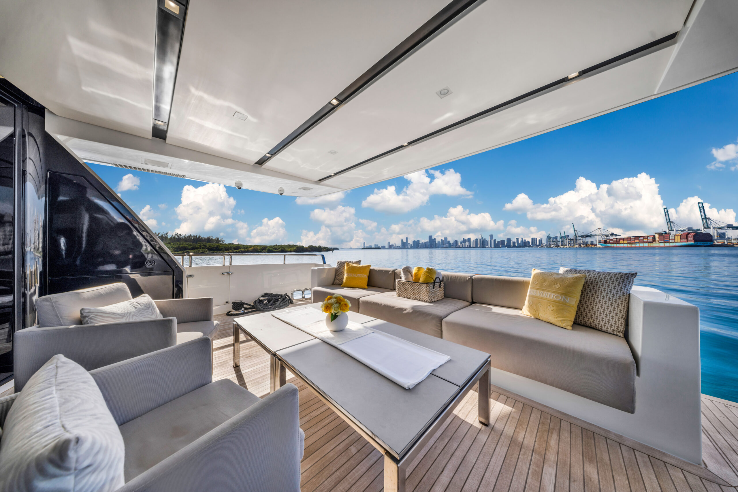 Spacious sun deck on 97 foot San Lorenzo yacht Miami charter