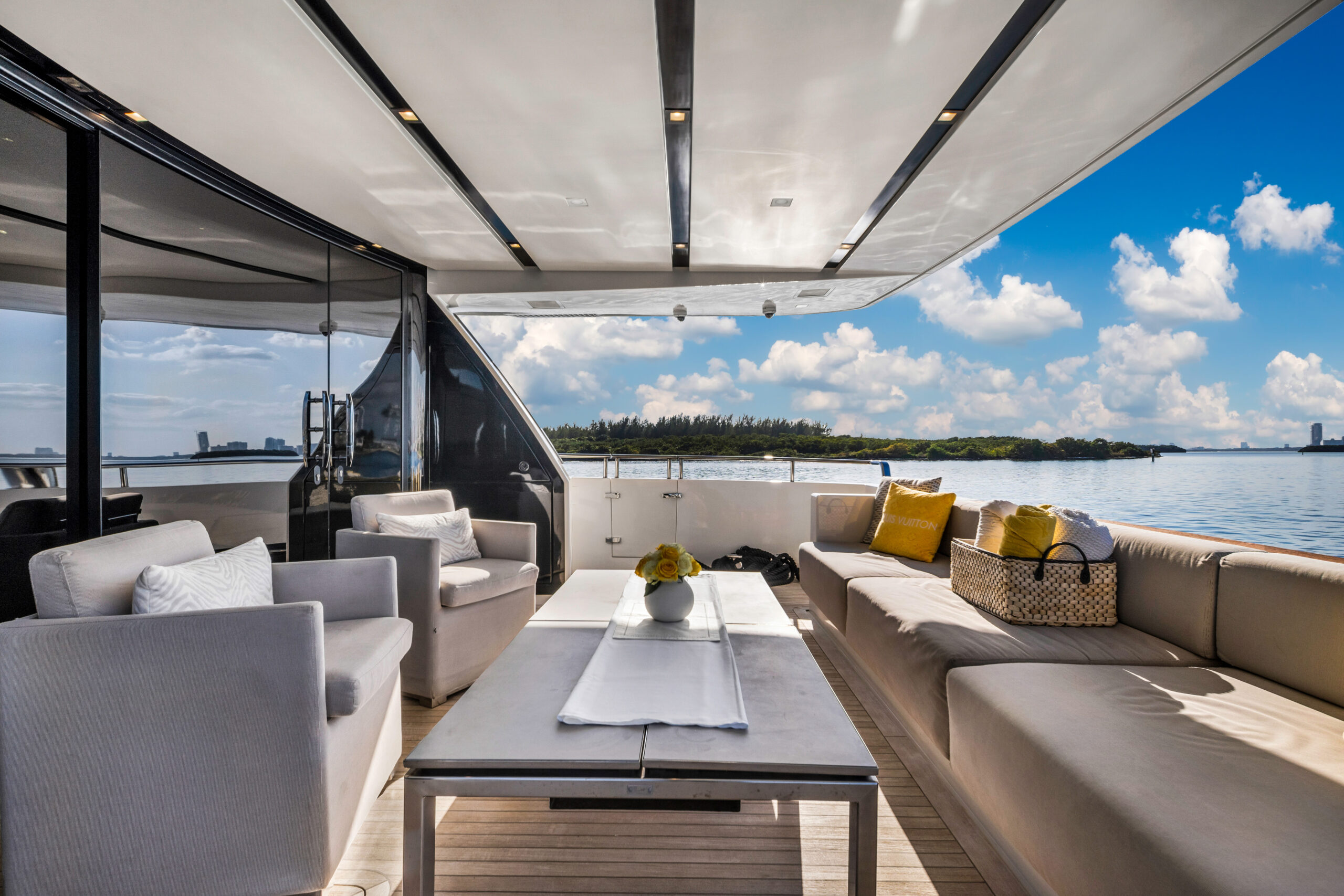 Spacious sun deck on 97 foot San Lorenzo yacht Miami charter