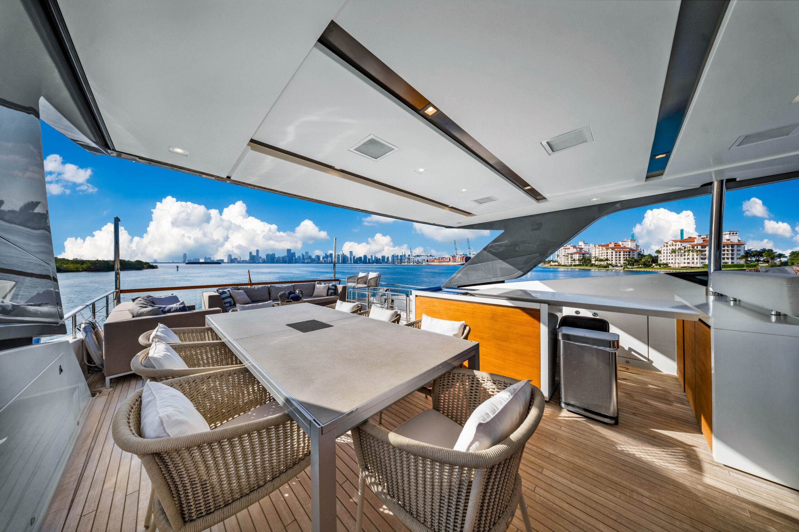 Spacious sun deck on 97 foot San Lorenzo yacht Miami charter