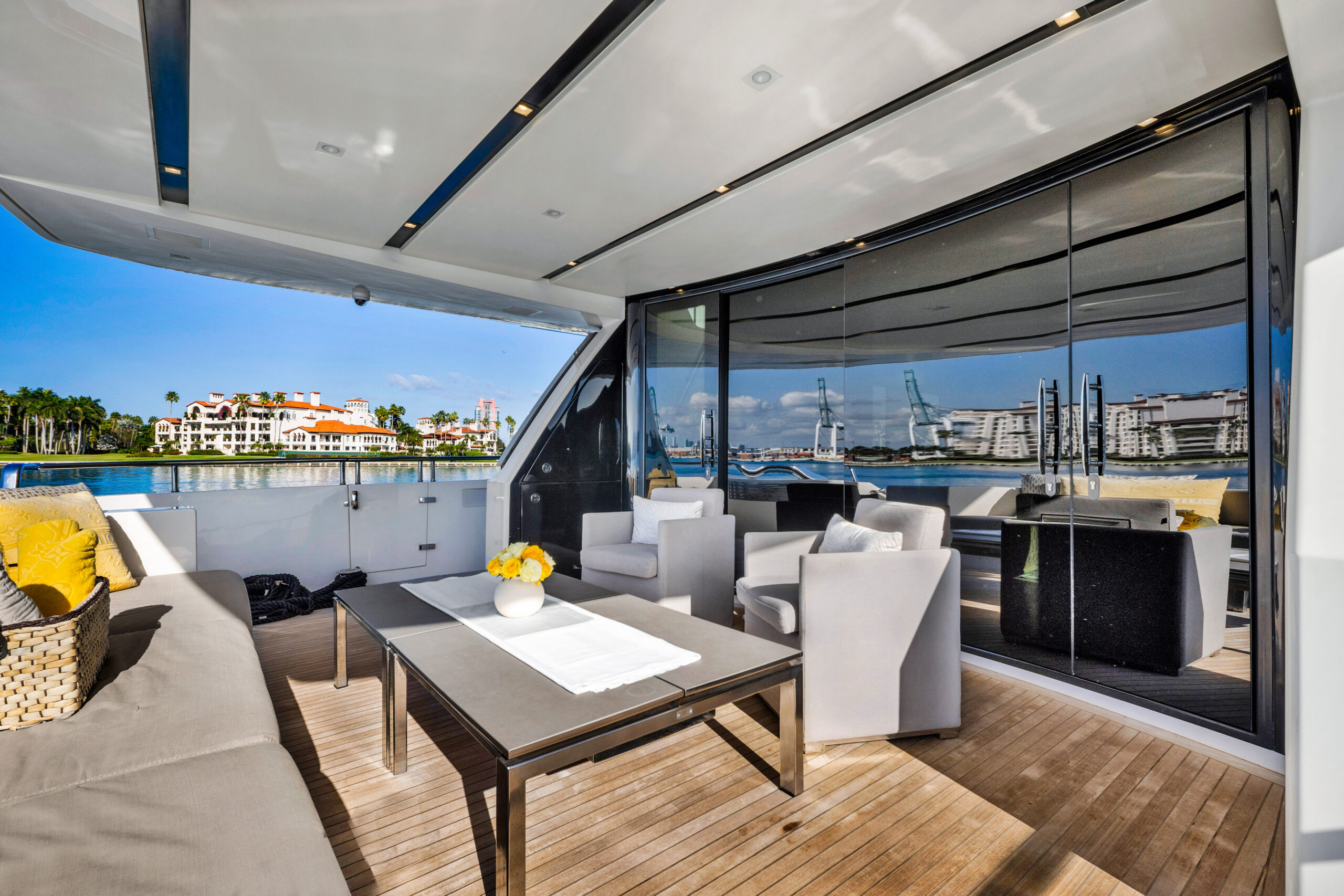 Spacious sun deck on 97 foot San Lorenzo yacht Miami charter