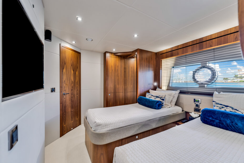 Elegant stateroom interior 96 foot Sunseeker yacht Miami charter