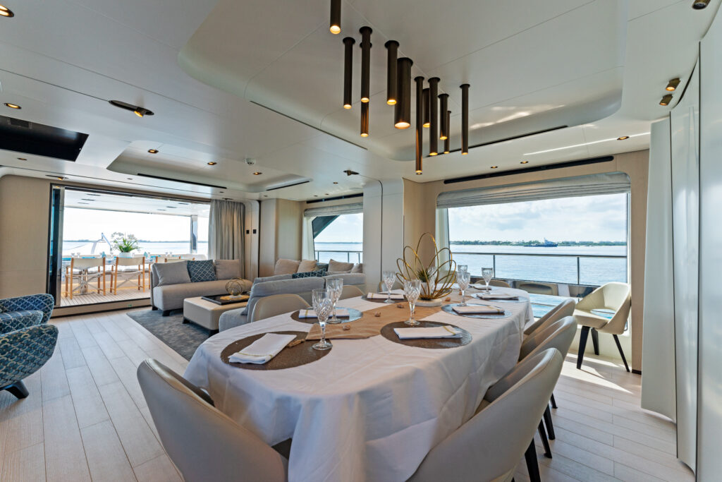 Contemporary salon interior aboard 2023 88 Azimut luxury yacht