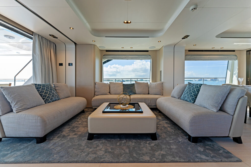 Contemporary salon interior aboard 2023 88 Azimut luxury yacht