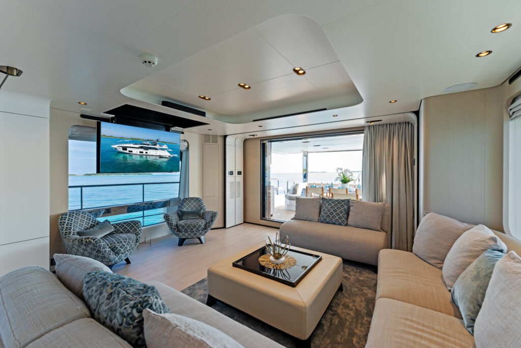 Contemporary salon interior aboard 2023 88 Azimut luxury yacht