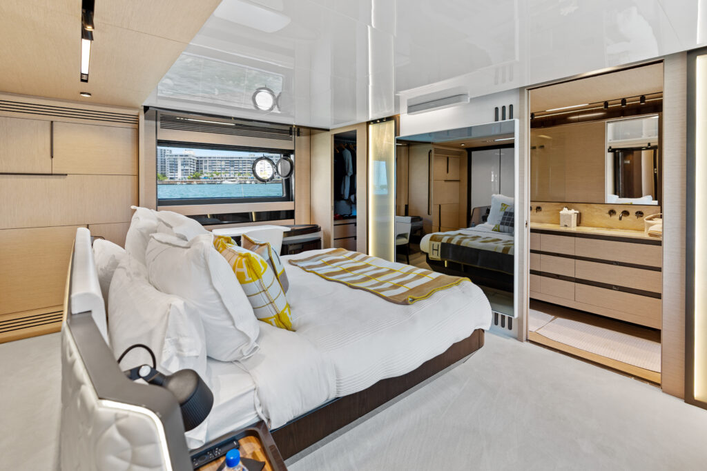 Luxury stateroom interior 94 foot Azimut yacht Miami charter