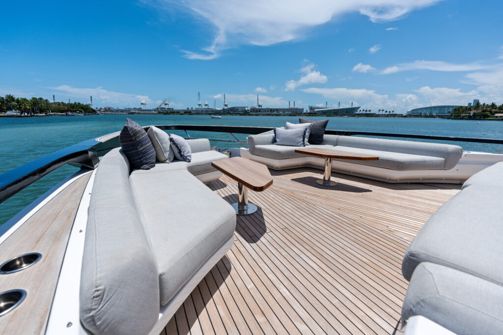 Spacious outdoor deck on 94 foot Azimut yacht charter Miami