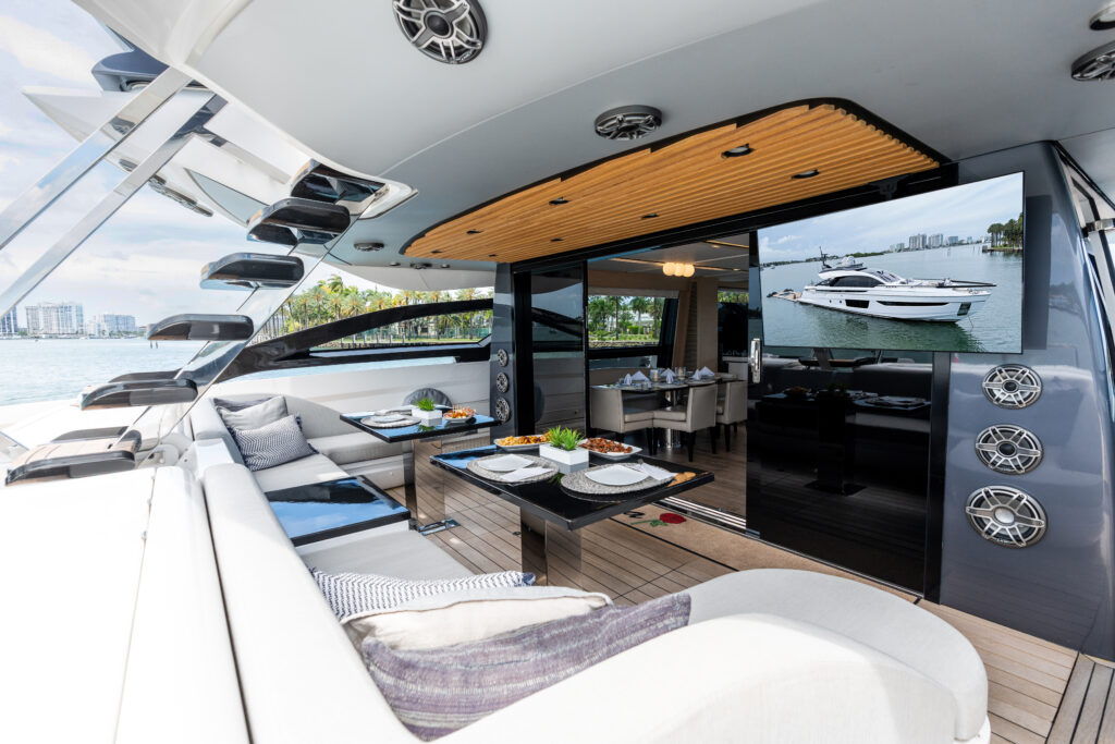 Spacious outdoor deck on 94 foot Azimut yacht charter Miami