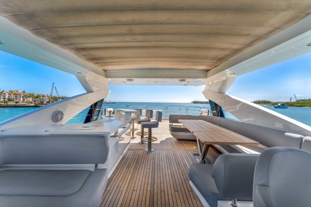 Spacious outdoor deck on 96 foot Sunseeker yacht Miami Beach