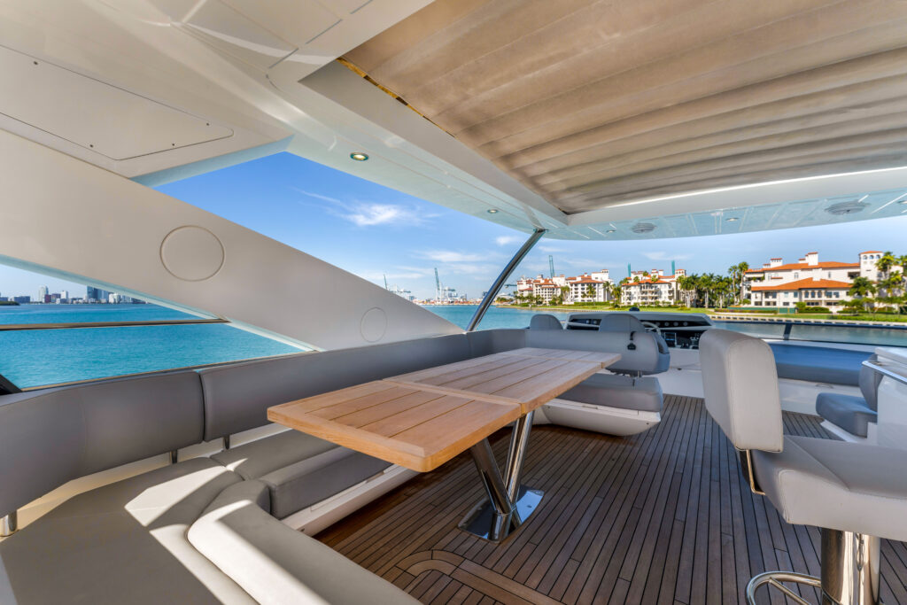 Spacious outdoor deck on 96 foot Sunseeker yacht Miami Beach