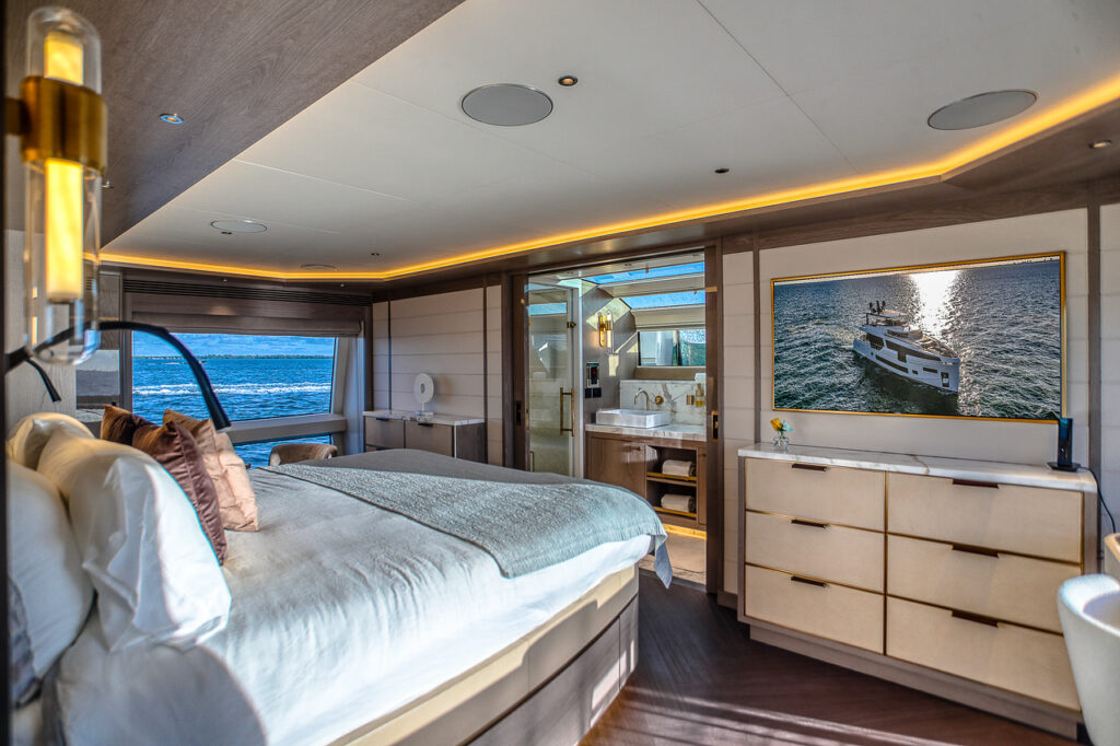 Luxury stateroom interior 88 foot Sirena yacht Miami charter