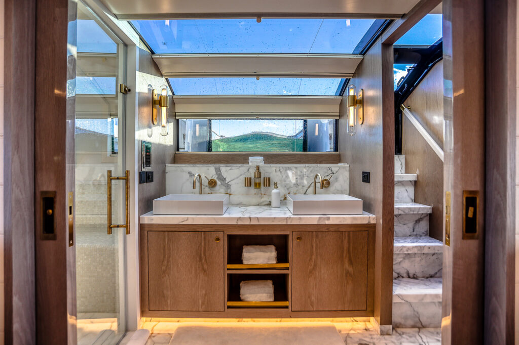 Luxury bathroom interior 88 foot Sirena yacht Miami charter