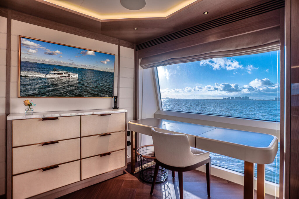 Luxury stateroom interior 88 foot Sirena yacht Miami charter