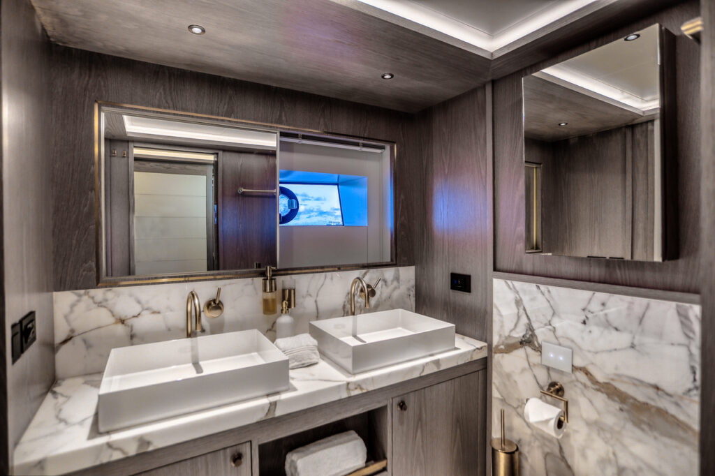 Luxury bathroom interior 88 foot Sirena yacht Miami charter