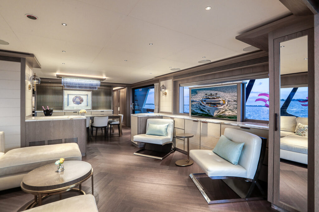 Sleek modern salon interior aboard 88 Sirena luxury yacht Miami