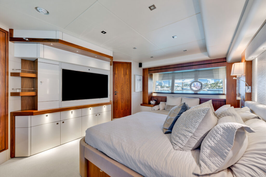 Elegant stateroom interior 96 foot Sunseeker yacht Miami charter