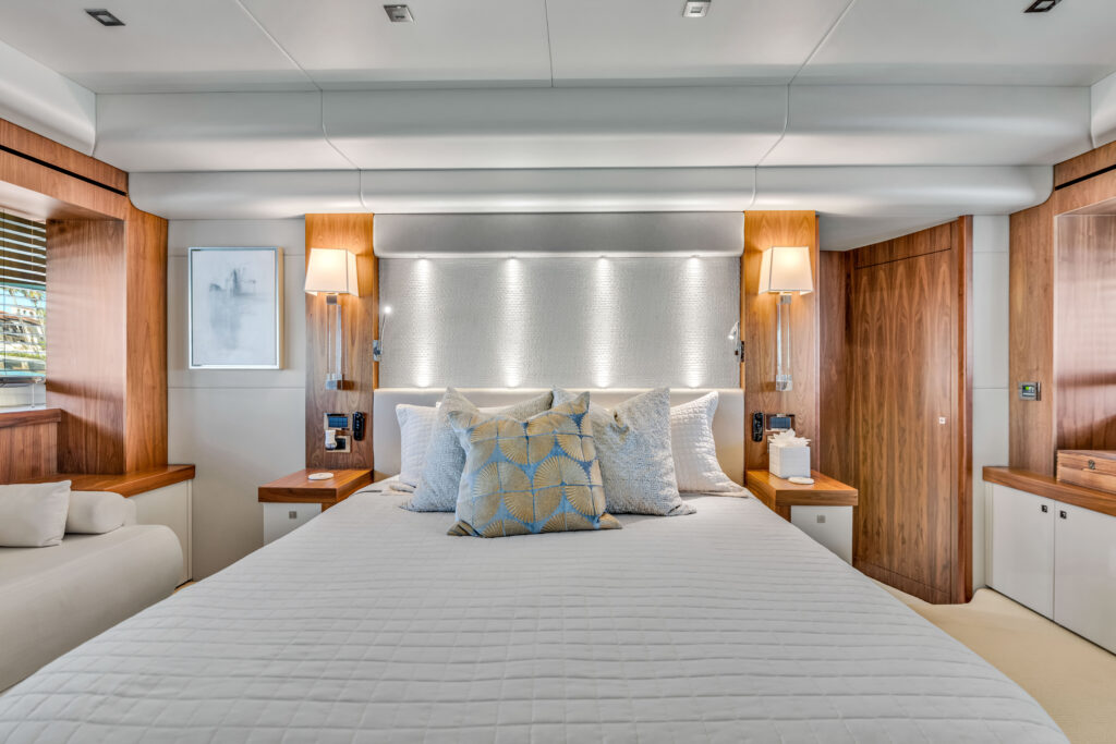 Elegant stateroom interior 96 foot Sunseeker yacht Miami charter