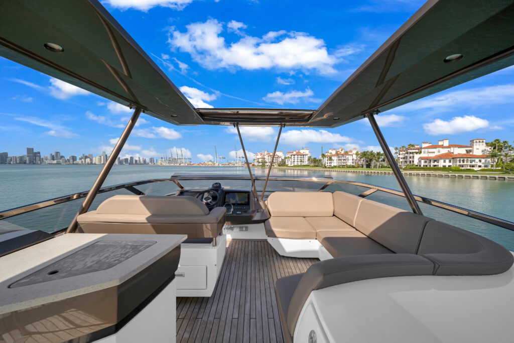 Spacious sun deck on 66 foot Marquis yacht charter Miami