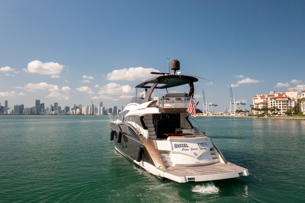 66 Marquis yacht exterior deck with Miami skyline view